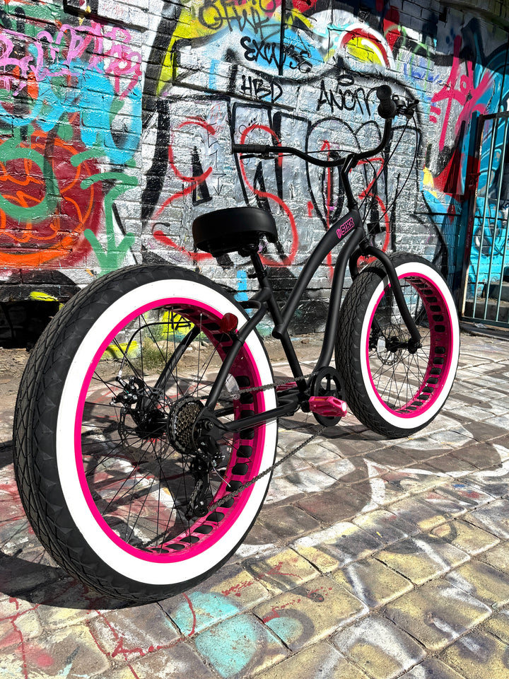 Ladies SIKK UFO 7 SPEED Flat Black Frame Pink Wheels Whitewall Tires