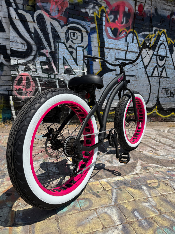 Sikk Ladies UFO SS Aluminum Frame Flat Black- Pink 7 Speed UFO Fat Tire Cruiser - SIKK BICYCLES