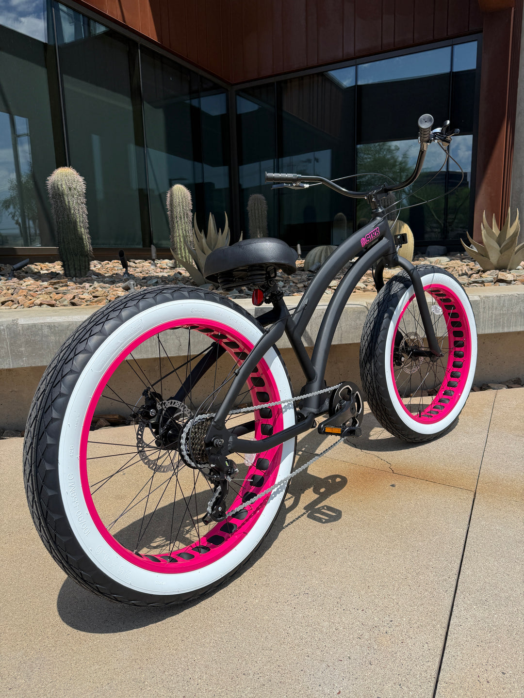 Sikk Ladies UFO SS Aluminum Frame Flat Black- Pink 7 Speed UFO Fat Tire Cruiser - SIKK BICYCLES