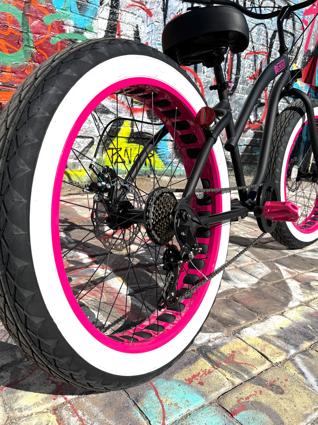 Ladies SIKK UFO 7 SPEED Flat Black Frame Pink Wheels Whitewall Tires