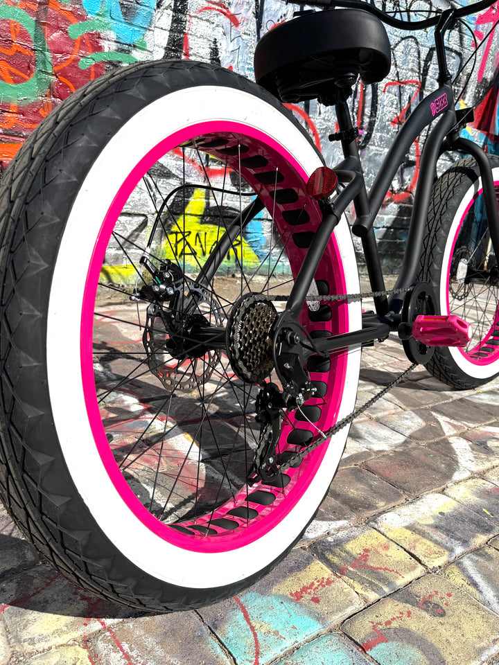 Ladies SIKK UFO 7 SPEED Flat Black Frame Pink Wheels Whitewall Tires