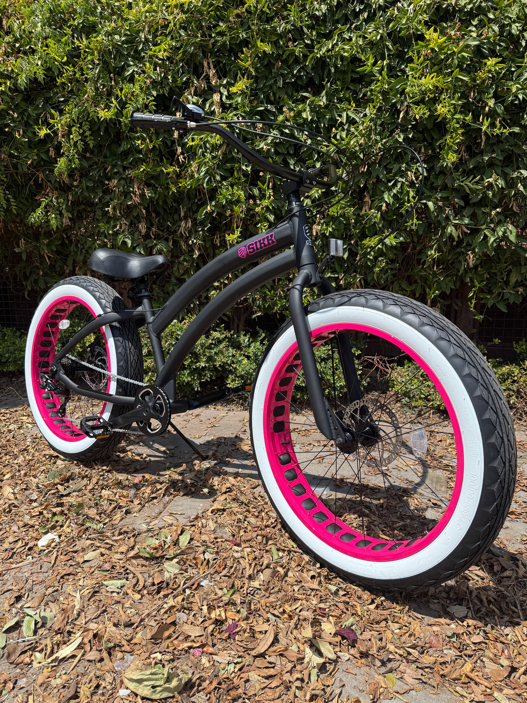 Sikk Ladies UFO SS Aluminum Frame Flat Black- Pink 7 Speed UFO Fat Tire Cruiser - SIKK BICYCLES