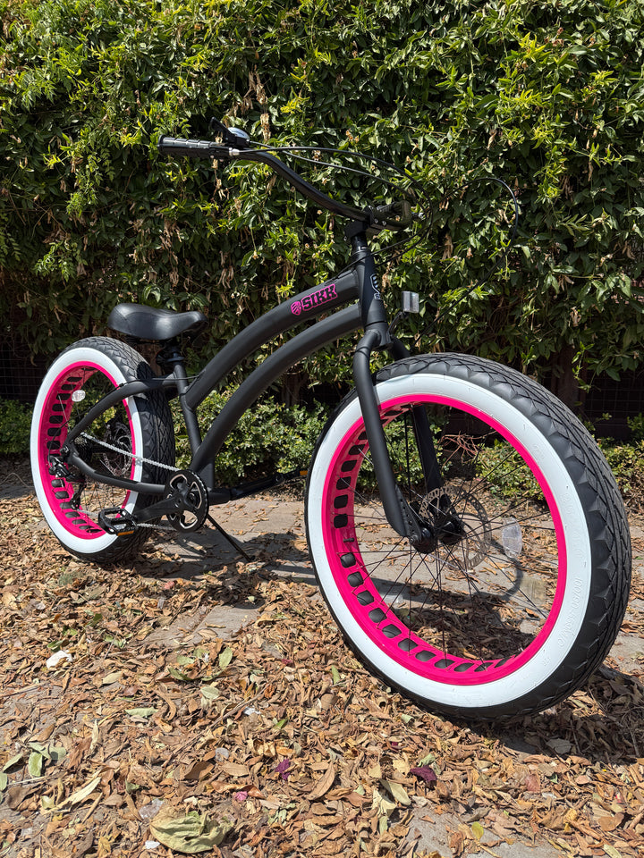 Sikk Ladies UFO SS Aluminum Frame Flat Black- Pink 7 Speed UFO Fat Tire Cruiser - SIKK BICYCLES
