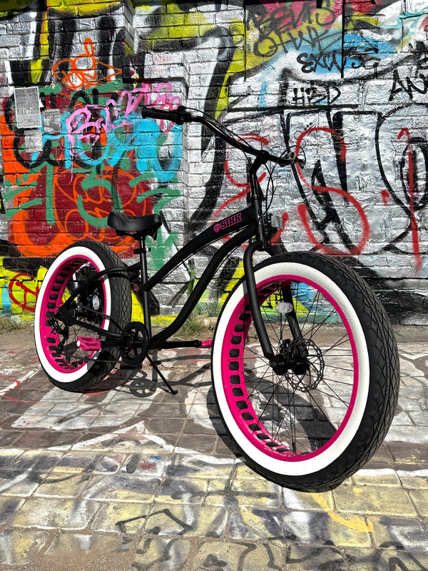Ladies SIKK UFO 7 SPEED Flat Black Frame Pink Wheels Whitewall Tires