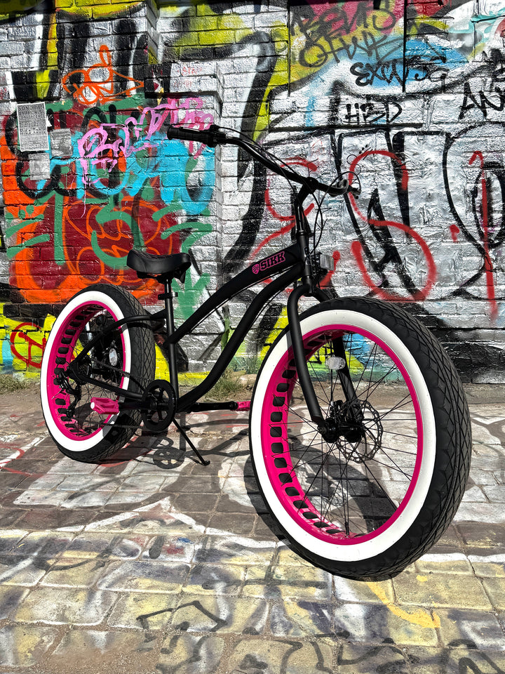 Ladies SIKK UFO 7 SPEED Flat Black Frame Pink Wheels Whitewall Tires