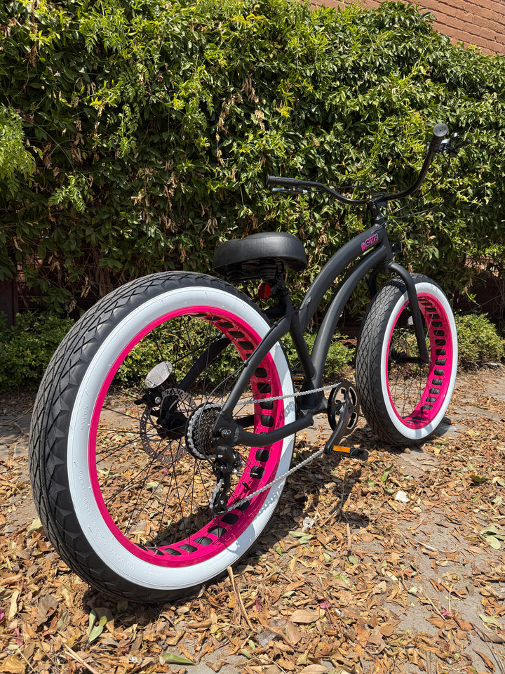 Sikk Ladies UFO SS Aluminum Frame Flat Black- Pink 7 Speed UFO Fat Tire Cruiser - SIKK BICYCLES