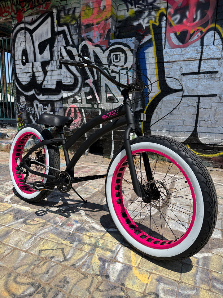 Sikk Ladies UFO SS Aluminum Frame Flat Black- Pink 7 Speed UFO Fat Tire Cruiser - SIKK BICYCLES