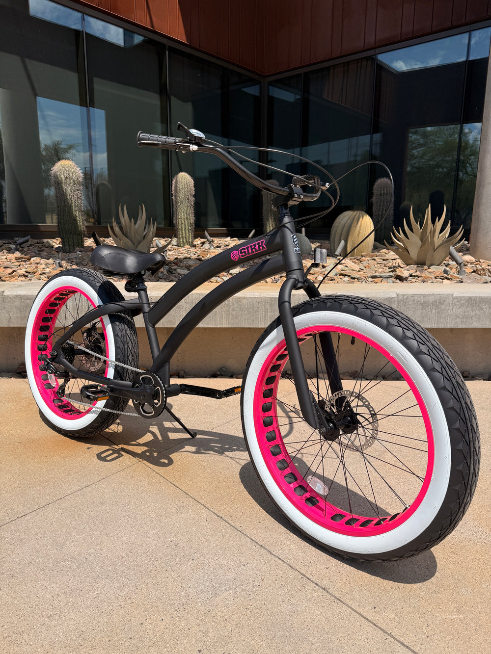 Sikk Ladies UFO SS Aluminum Frame Flat Black- Pink 7 Speed UFO Fat Tire Cruiser - SIKK BICYCLES