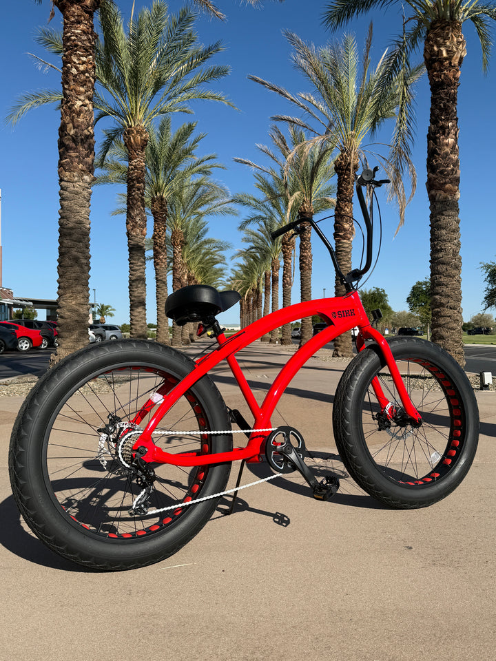 **New Color!** SIKK SS Aluminum Red Frame 7 Speed UFO Fat Tire Cruiser