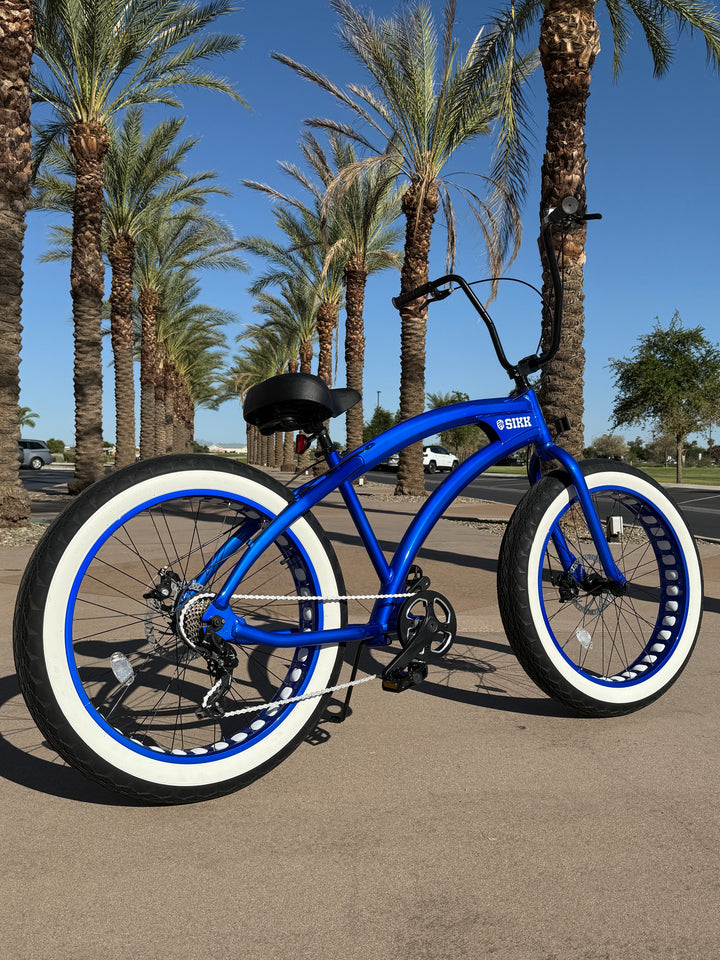 **New Color!** SIKK SS Aluminum Electric Blue Frame 7 Speed UFO Fat Tire Cruiser - SIKK BICYCLES