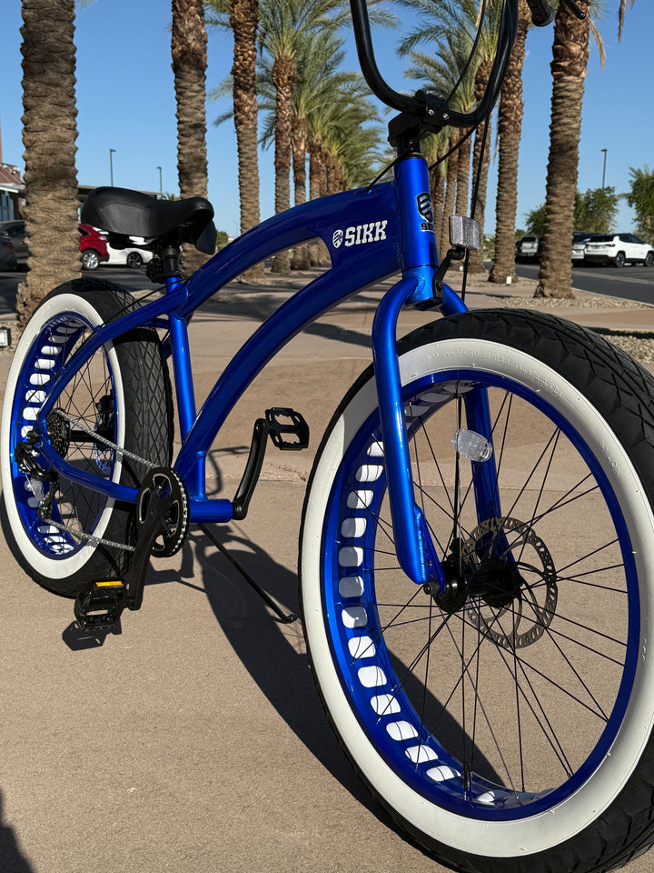 **New Color!** SIKK SS Aluminum Electric Blue Frame 7 Speed UFO Fat Tire Cruiser - SIKK BICYCLES