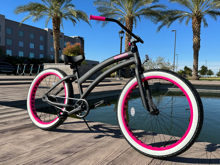 Ladies SIKK Wide Ride SS Aluminum Frame Single Speed Flat Black Frame Pink Wheels Whitewall Tires - SIKK BICYCLES