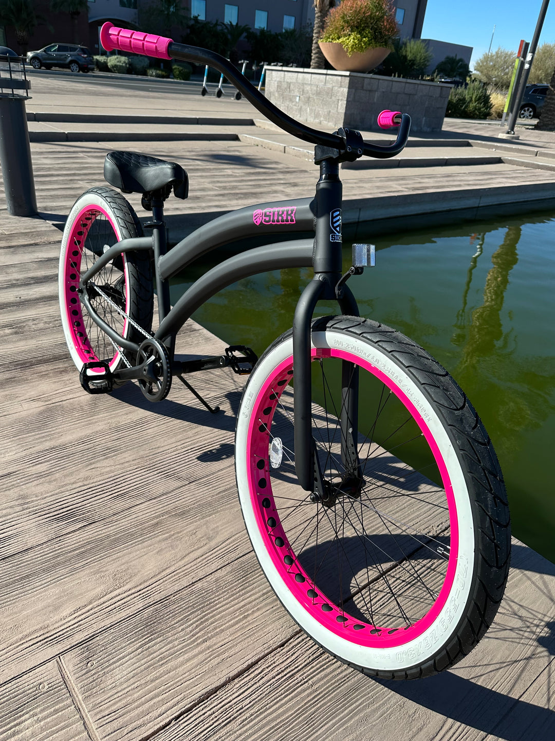 Ladies SIKK Wide Ride SS Aluminum Frame Single Speed Flat Black Frame Pink Wheels Whitewall Tires - SIKK BICYCLES