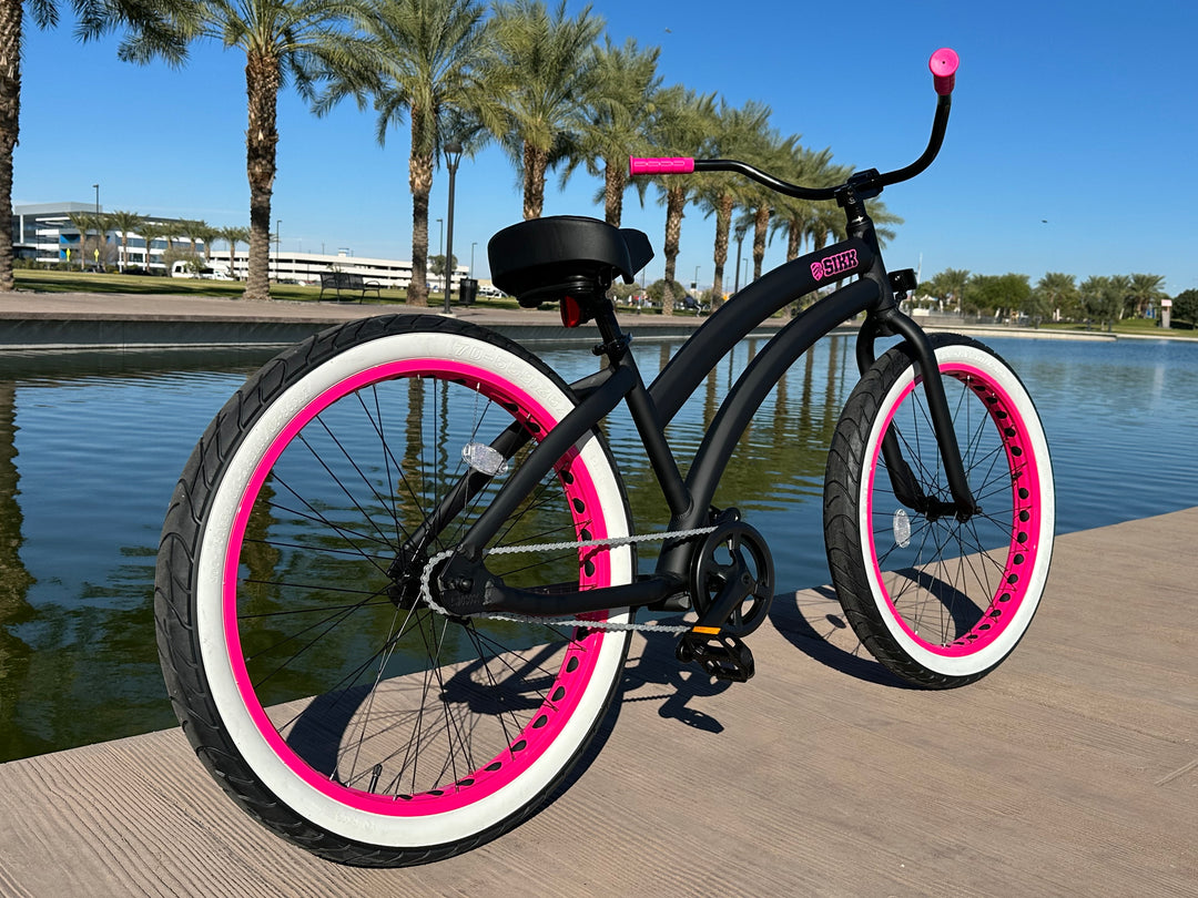 Ladies SIKK Wide Ride SS Aluminum Frame Single Speed Flat Black Frame Pink Wheels Whitewall Tires