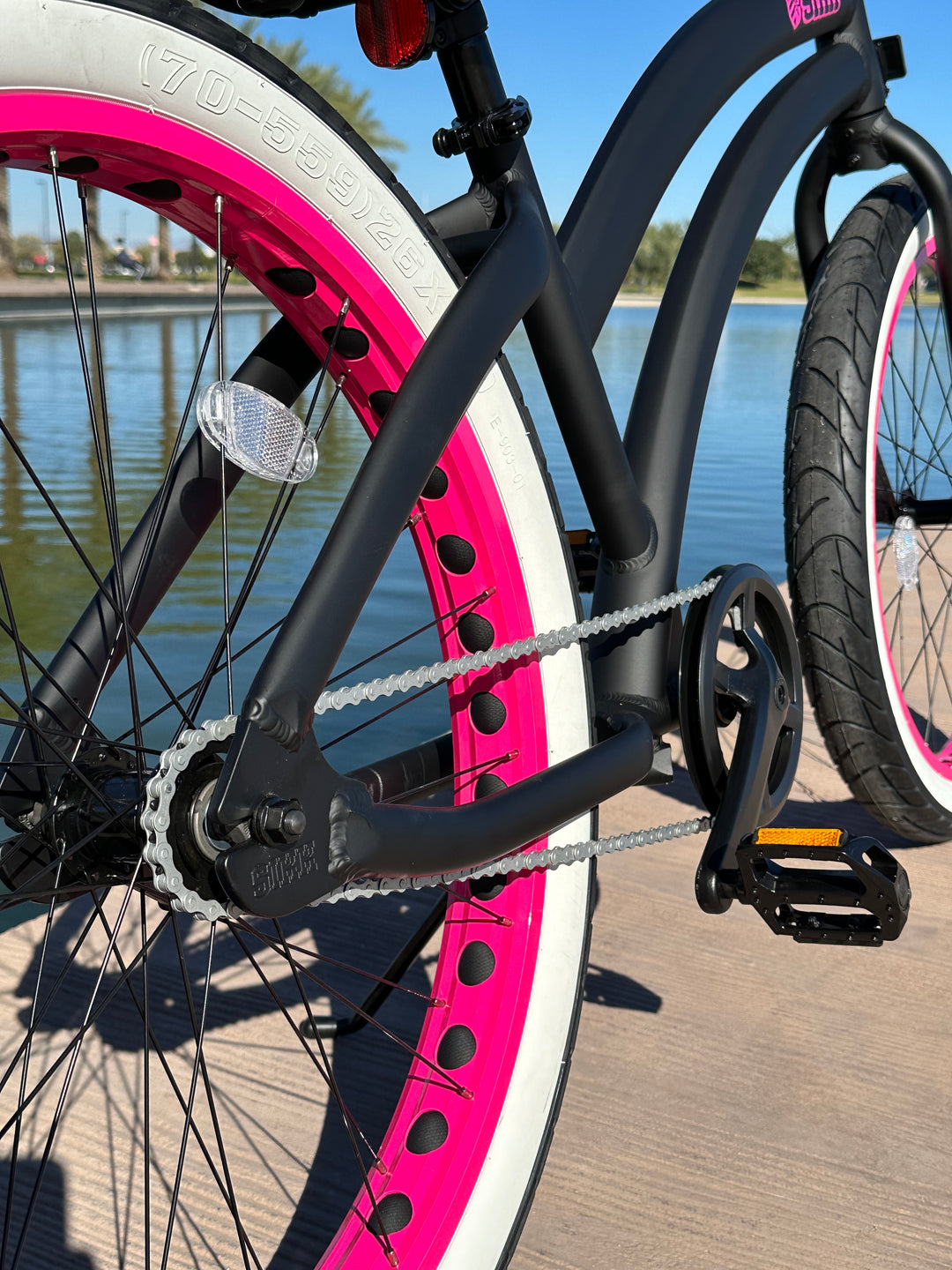 Ladies SIKK Wide Ride SS Aluminum Frame Single Speed Flat Black Frame Pink Wheels Whitewall Tires - SIKK BICYCLES