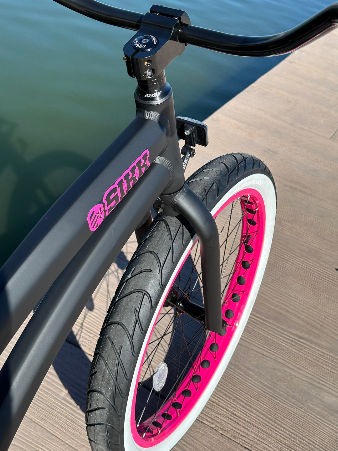 Ladies SIKK Wide Ride SS Aluminum Frame Single Speed Flat Black Frame Pink Wheels Whitewall Tires - SIKK BICYCLES