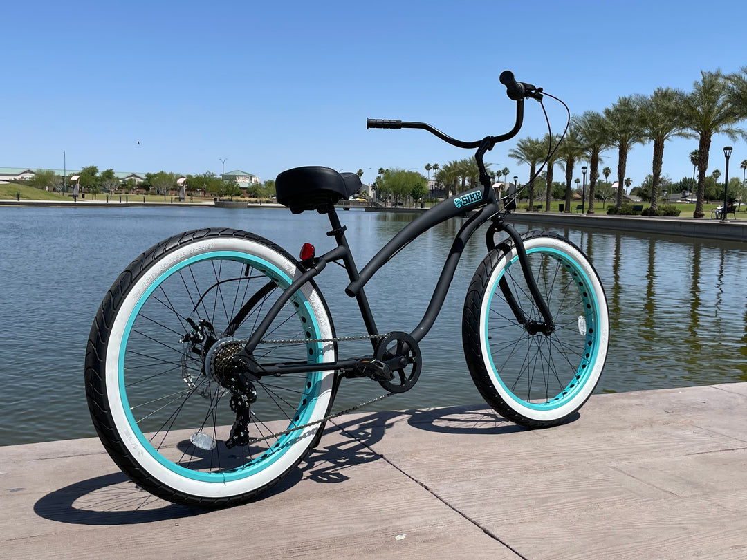 **Back In Stock** SIKK Wide Ride 7 Speed Ladies - Flat Black Frame Teal Wheels Whitewall Tires