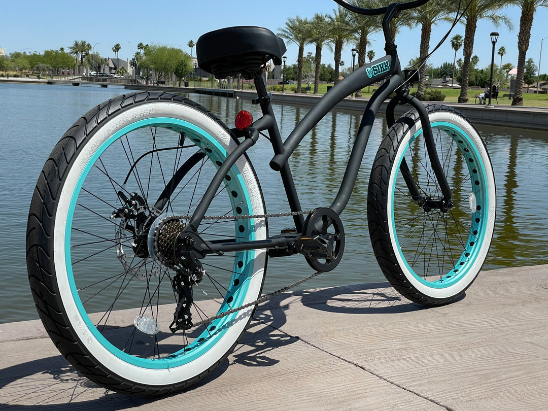 **Back In Stock** SIKK Wide Ride 7 Speed Ladies - Flat Black Frame Teal Wheels Whitewall Tires