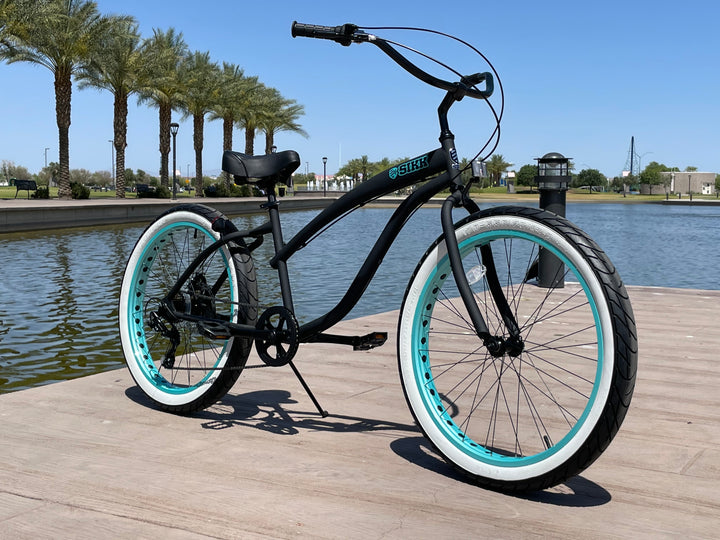 **Back In Stock** SIKK Wide Ride 7 Speed Ladies - Flat Black Frame Teal Wheels Whitewall Tires