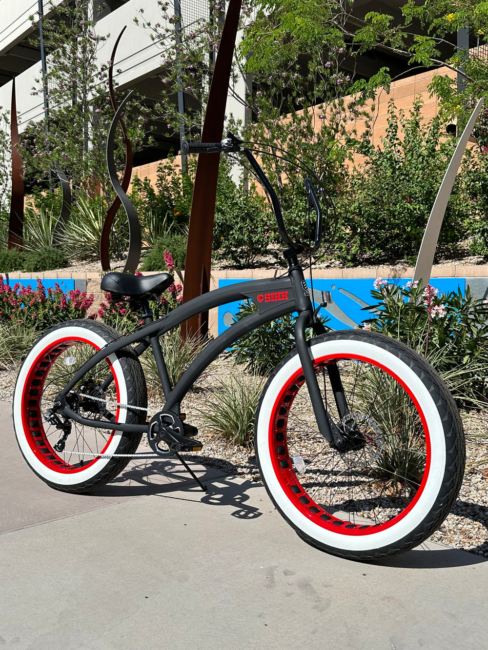 SIKK SS Aluminum Frame Flat Black w/ Red Wheels 7 Speed UFO Fat Tire Cruiser - SIKK BICYCLES