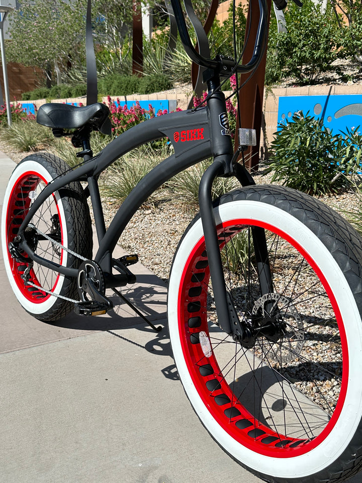 SIKK SS Aluminum Frame Flat Black w/ Red Wheels 7 Speed UFO Fat Tire Cruiser - SIKK BICYCLES