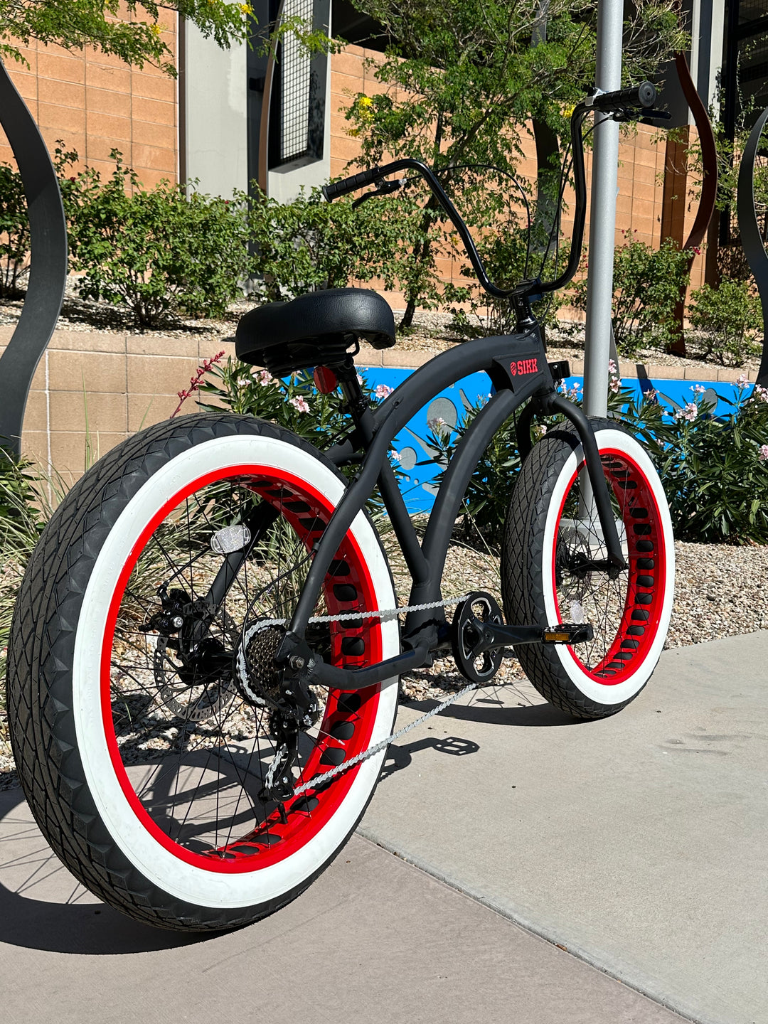 SIKK SS Aluminum Frame Flat Black w/ Red Wheels 7 Speed UFO Fat Tire Cruiser - SIKK BICYCLES