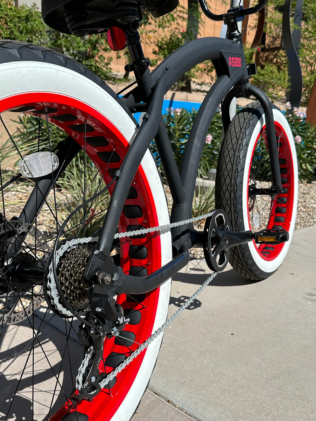 SIKK SS Aluminum Frame Flat Black w/ Red Wheels 7 Speed UFO Fat Tire Cruiser - SIKK BICYCLES