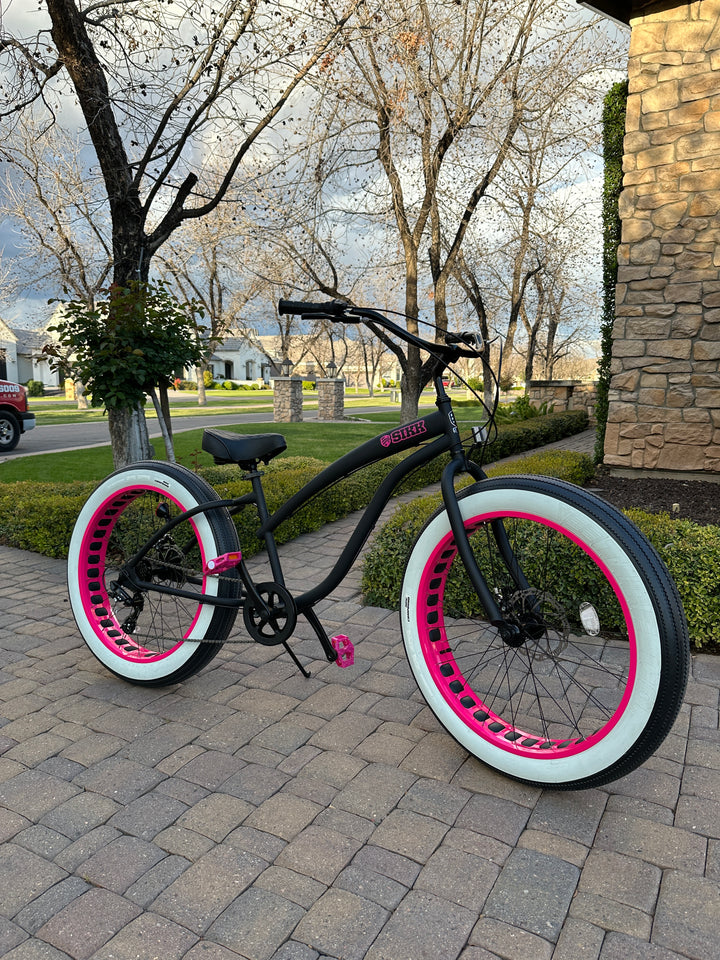 **Back In Stock** Ladies SIKK UFO 7 SPEED Flat Black Frame Pink Wheels Whitewall Tires - SIKK BICYCLES