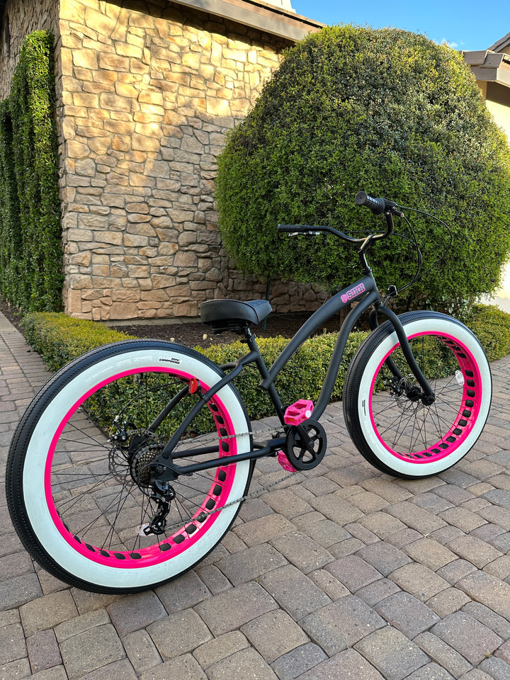 **Back In Stock** Ladies SIKK UFO 7 SPEED Flat Black Frame Pink Wheels Whitewall Tires - SIKK BICYCLES