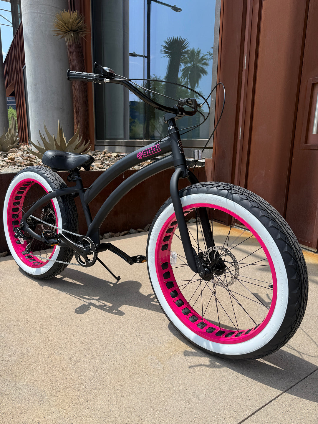 Sikk Ladies UFO SS Aluminum Frame Flat Black- Pink 7 Speed UFO Fat Tire Cruiser - SIKK BICYCLES
