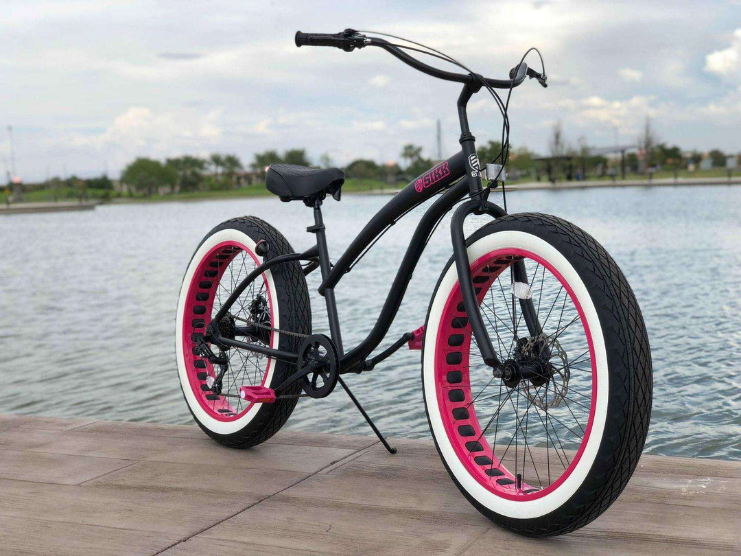 Ladies SIKK UFO 7 SPEED Flat Black Frame Pink Wheels Whitewall Tires - SIKK BICYCLES