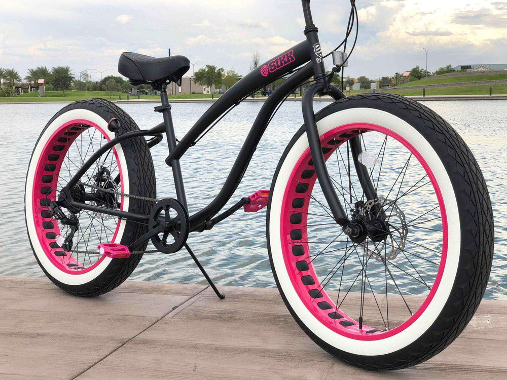 Ladies SIKK UFO 7 SPEED Flat Black Frame Pink Wheels Whitewall Tires - SIKK BICYCLES