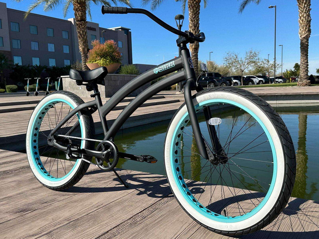 Ladies SIKK Wide Ride SS Aluminum Frame Single Speed Flat Black Frame Teal Wheels Whitewall Tires - SIKK BICYCLES