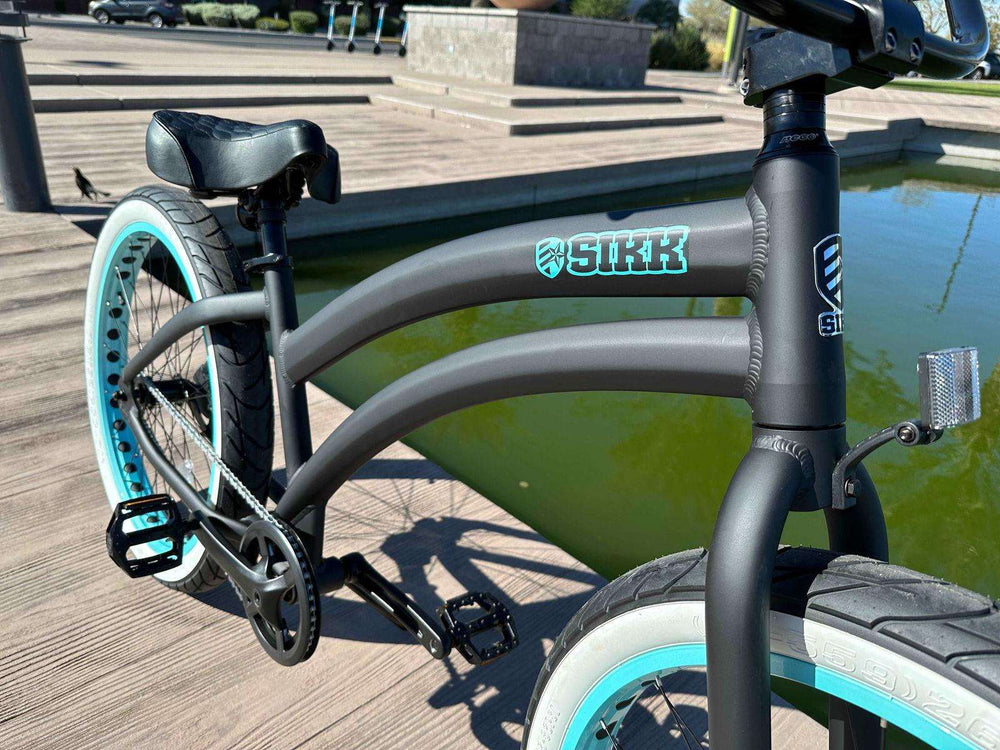 Ladies SIKK Wide Ride SS Aluminum Frame Single Speed Flat Black Frame Teal Wheels Whitewall Tires - SIKK BICYCLES