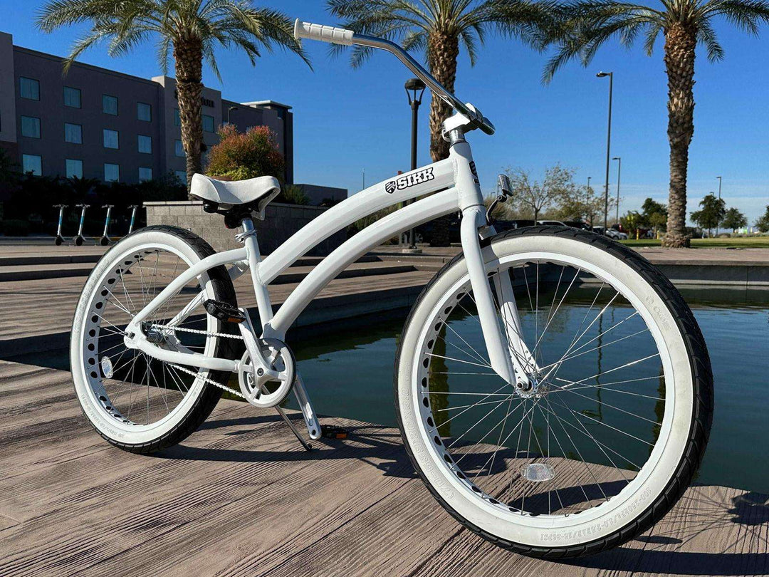 Ladies SIKK Wide Ride SS Aluminum Frame Single Speed White Frame White Wheels Whitewall Tires - SIKK BICYCLES