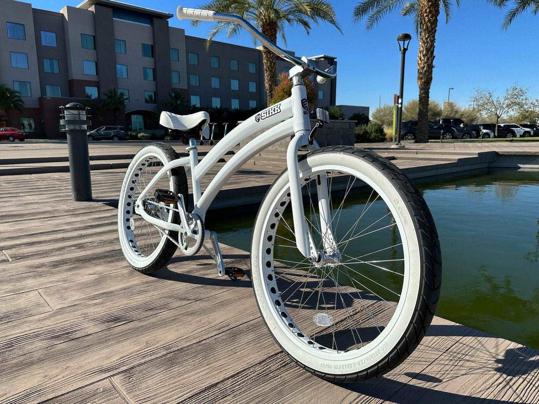 Ladies SIKK Wide Ride SS Aluminum Frame Single Speed White Frame White Wheels Whitewall Tires - SIKK BICYCLES