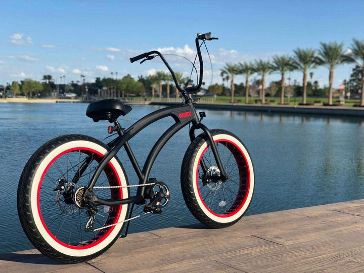 SIKK SS Aluminum Frame Flat Black w/ Red Wheels 7 Speed UFO Fat Tire Cruiser - SIKK BICYCLES