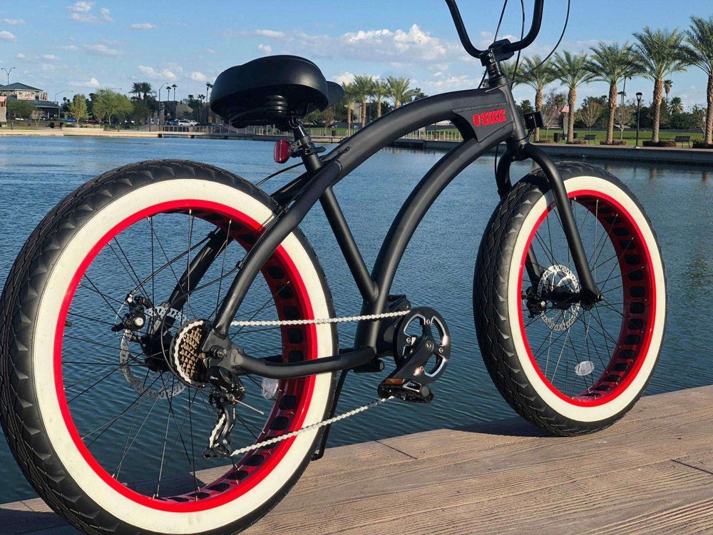 SIKK SS Aluminum Frame Flat Black w/ Red Wheels 7 Speed UFO Fat Tire Cruiser - SIKK BICYCLES