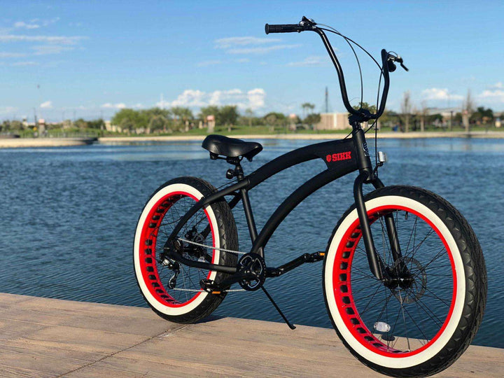 SIKK SS Aluminum Frame Flat Black w/ Red Wheels 7 Speed UFO Fat Tire Cruiser - SIKK BICYCLES