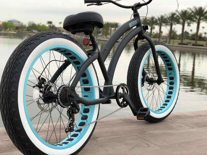 SIKK Ladies SS Aluminum Frame Flat Black- Teal 7 Speed UFO Fat Tire Cruiser - SIKK BICYCLES