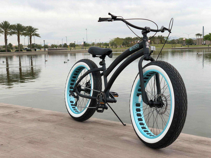 SIKK Ladies SS Aluminum Frame Flat Black- Teal 7 Speed UFO Fat Tire Cruiser - SIKK BICYCLES