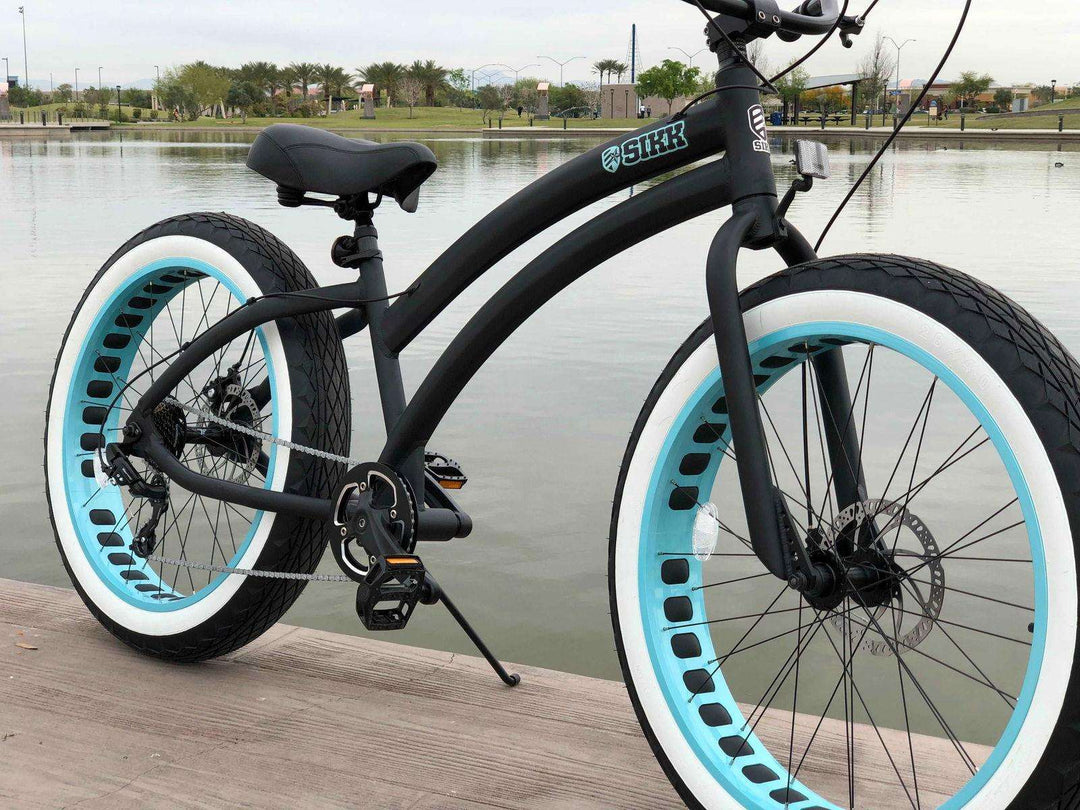 SIKK Ladies SS Aluminum Frame Flat Black- Teal 7 Speed UFO Fat Tire Cruiser - SIKK BICYCLES