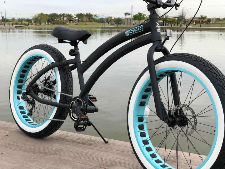 SIKK Ladies SS Aluminum Frame Flat Black- Teal 7 Speed UFO Fat Tire Cruiser - SIKK BICYCLES