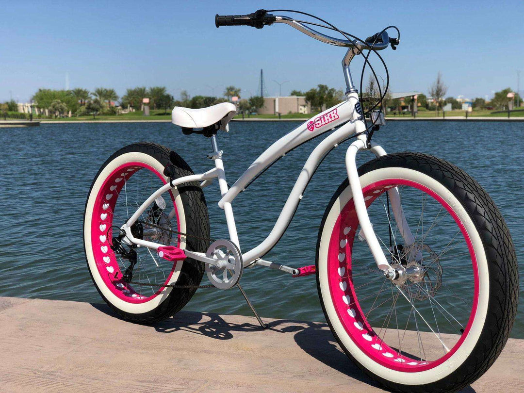 SIKK Ladies UFO 7 Speed Fat Tire Cruiser White Frame Pink Heart Wheels - SIKK BICYCLES