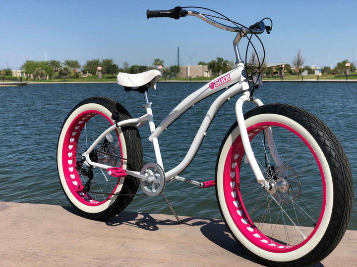 SIKK Ladies UFO 7 Speed Fat Tire Cruiser White Frame Pink Heart Wheels - SIKK BICYCLES