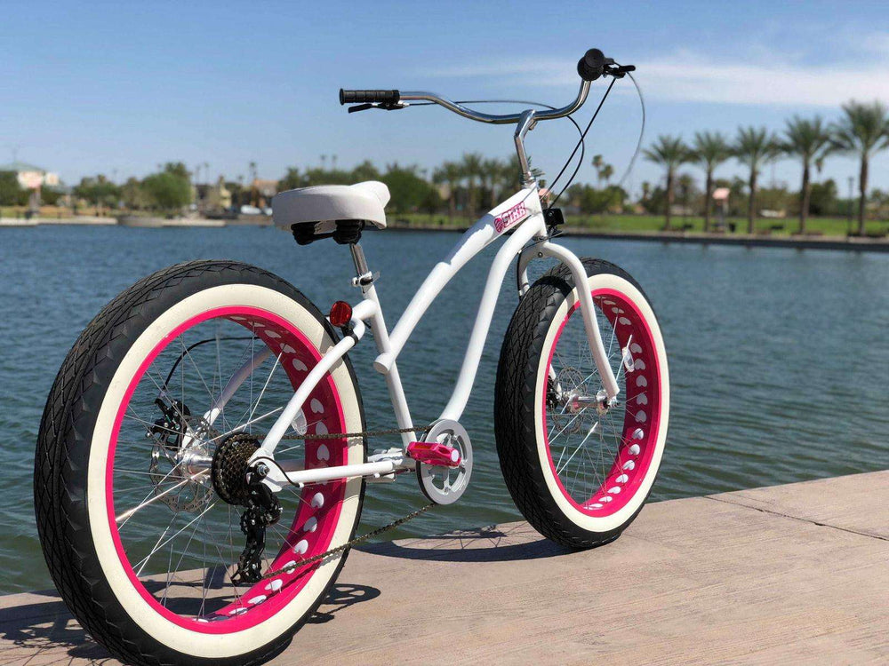 SIKK Ladies UFO 7 Speed Fat Tire Cruiser White Frame Pink Heart Wheels - SIKK BICYCLES