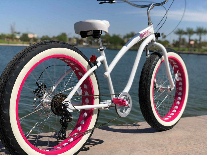 SIKK Ladies UFO 7 Speed Fat Tire Cruiser White Frame Pink Heart Wheels - SIKK BICYCLES