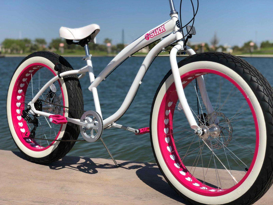 SIKK Ladies UFO 7 Speed Fat Tire Cruiser White Frame Pink Heart Wheels - SIKK BICYCLES