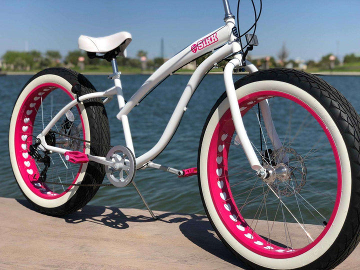 SIKK Ladies UFO 7 Speed Fat Tire Cruiser White Frame Pink Heart Wheels - SIKK BICYCLES