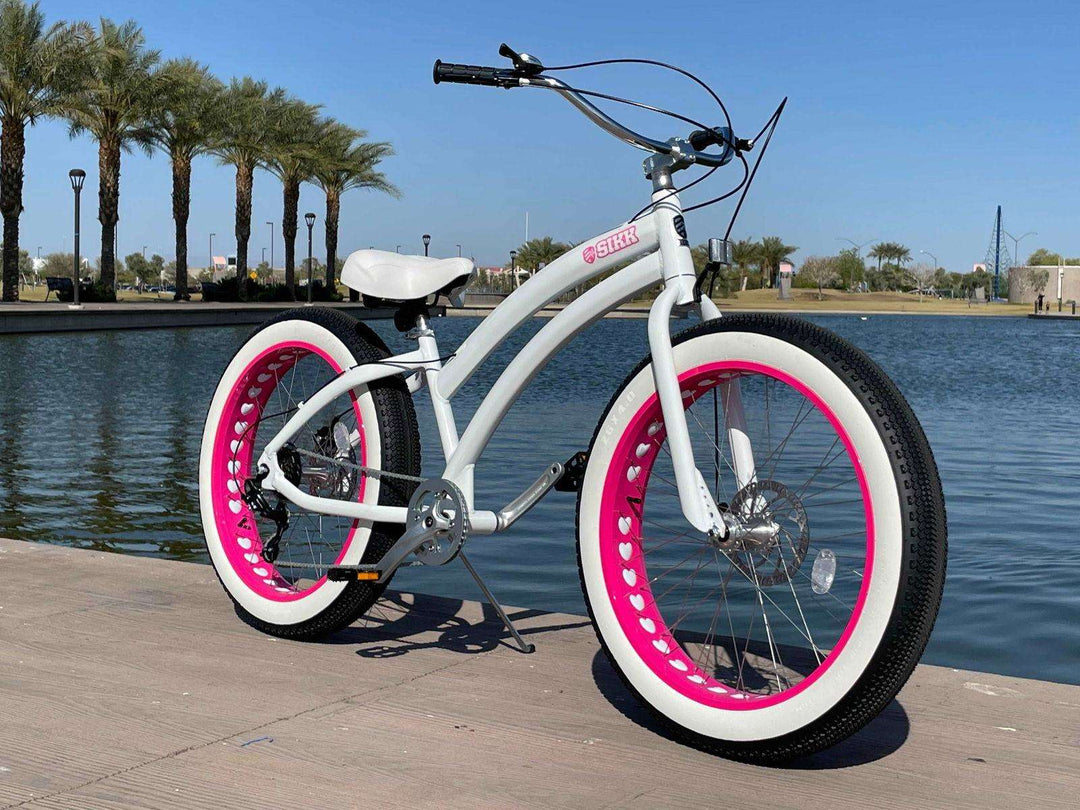 SIKK Ladies UFO 7 Speed SS Aluminum Frame White Frame Pink Heart Wheels Fat Tire Cruiser - SIKK BICYCLES